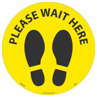 Please Wait Here Footprint Walk On Floor Sign, Black on Yellow, 8" x 8"